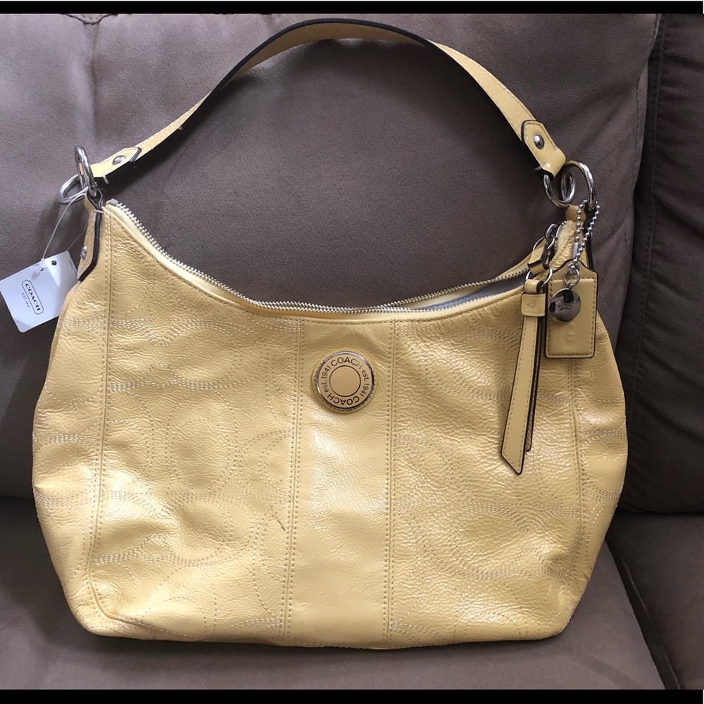 Coach patent leather logo print handbag